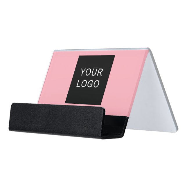 Customizable Business Add Logo Modern Pink Desk Business Card Holder (Angled Front)