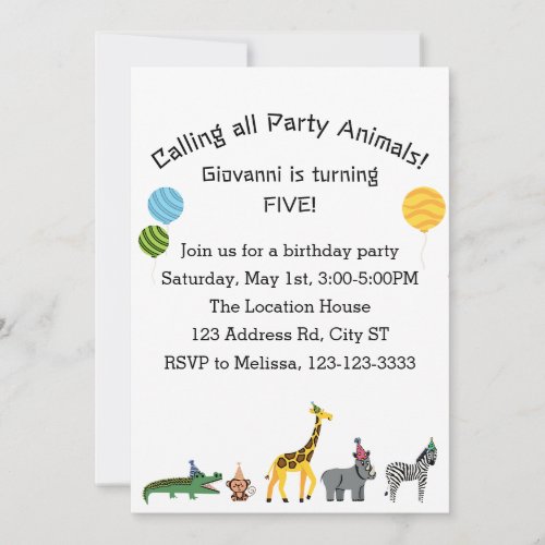 Customizable Calling all Party Animals Birthday Invitation