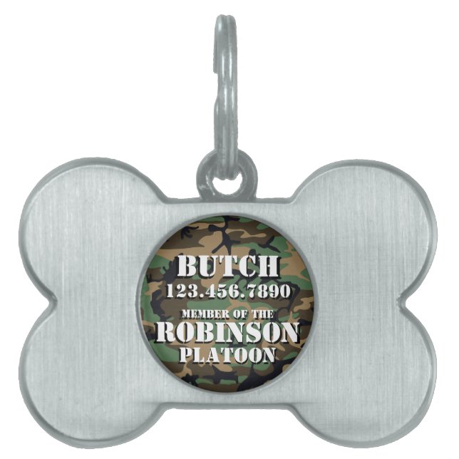 Customizable Camo Black Outlined Text Dog ID Tag (Front)
