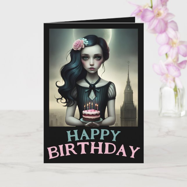 customizable card sweet girl with birthday cake (Orchid)