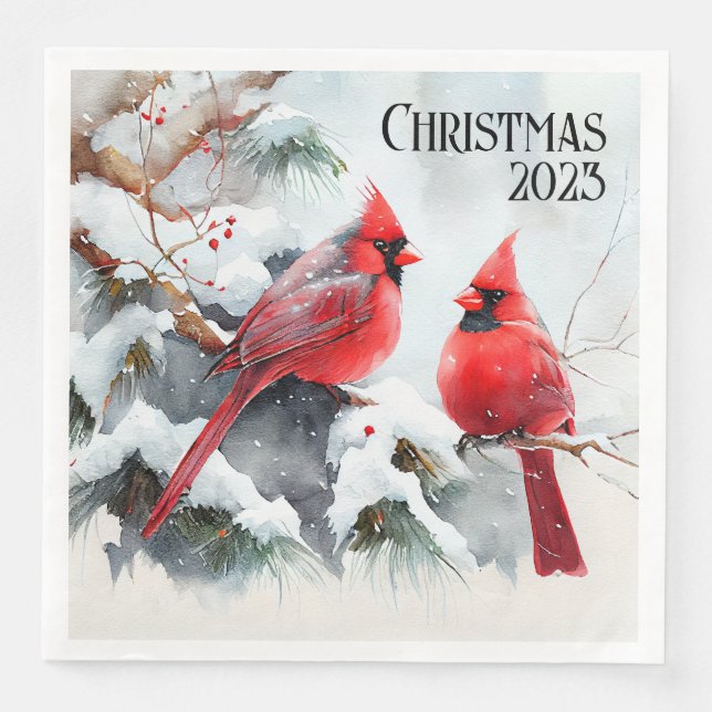 Customizable Cardinals in Snowy Winter Scene Paper Dinner Napkins (Front)