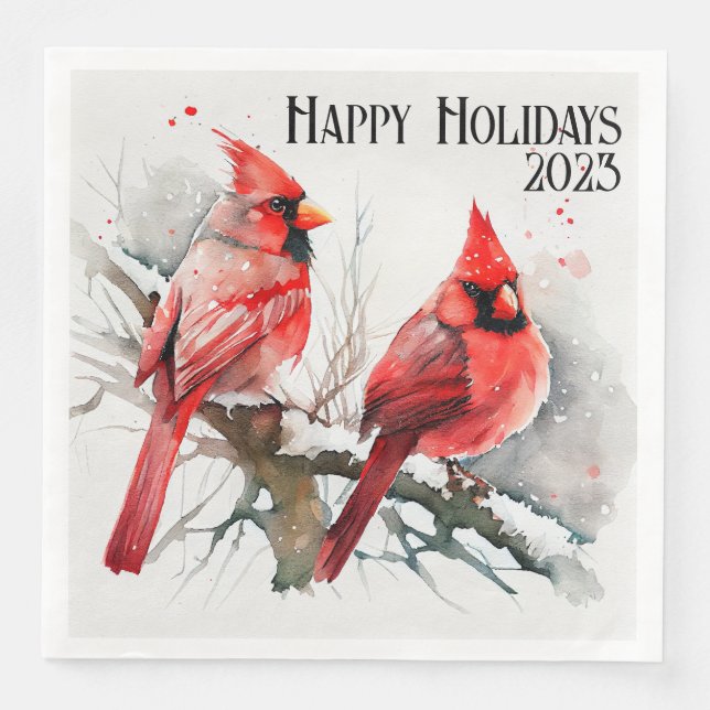 Customizable Cardinals on Evergreen Tree Christmas Paper Dinner Napkins (Front)
