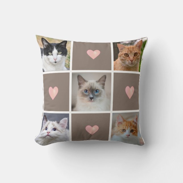 Customizable Cat & Dog Photos & Hearts on Beige Throw Pillow (Front)