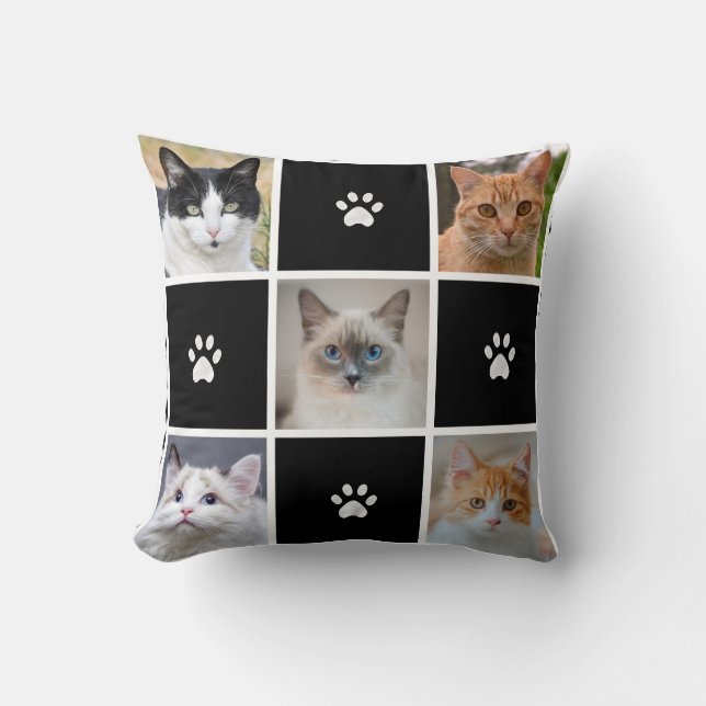 Customizable Cat & Dog Photos & Hearts on Black Throw Pillow (Front)