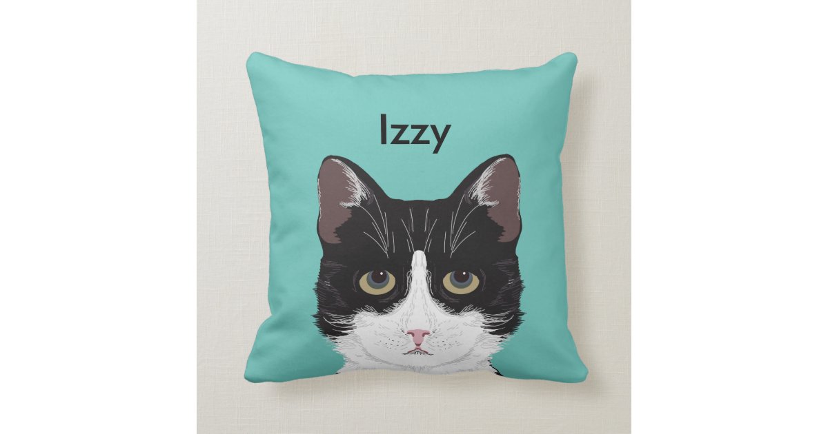 Customizable Cat Name Black And White Tuxedo Cat Throw Pillow