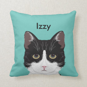 Customizable Cat Name - Black and White Tuxedo Cat Throw Pillow