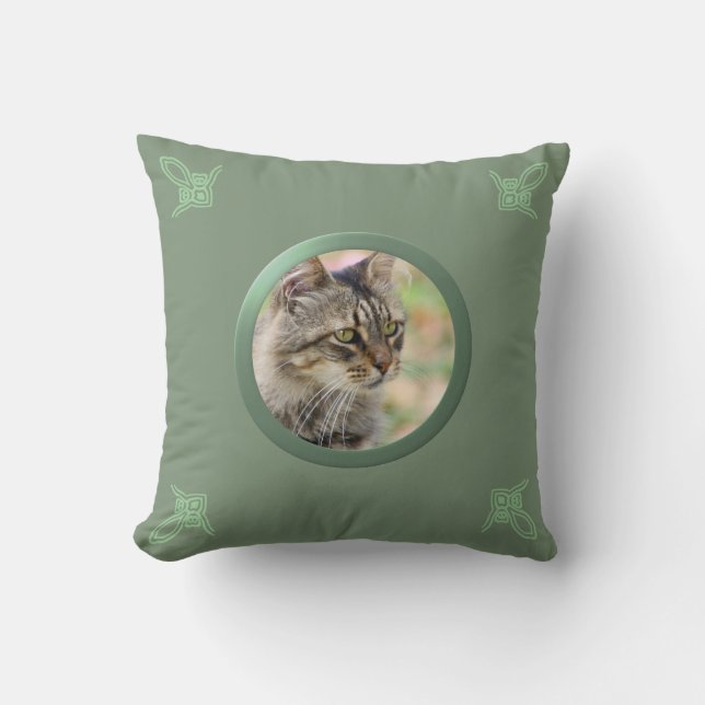 Customizable Cat / Pet Memory Photo (Green) Throw Pillow (Front)