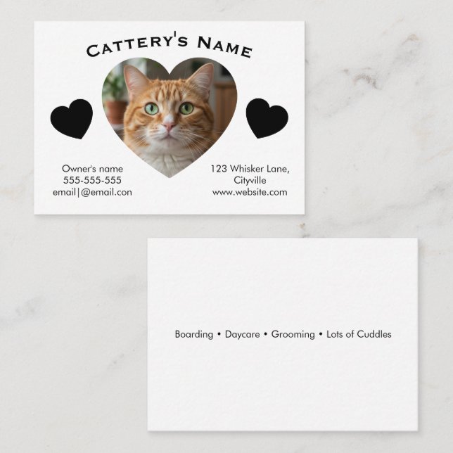 Customizable Cattery Business Card - Heart Photo (Front/Back)