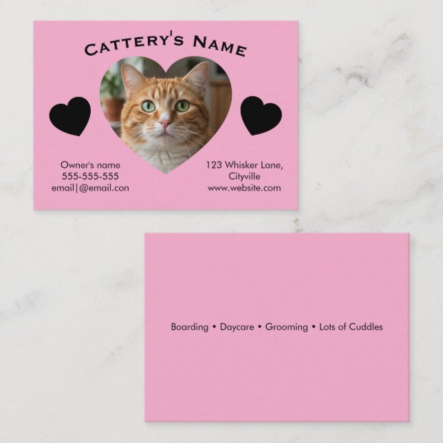 Customizable Cattery Business Card - Heart Photo (Front/Back)