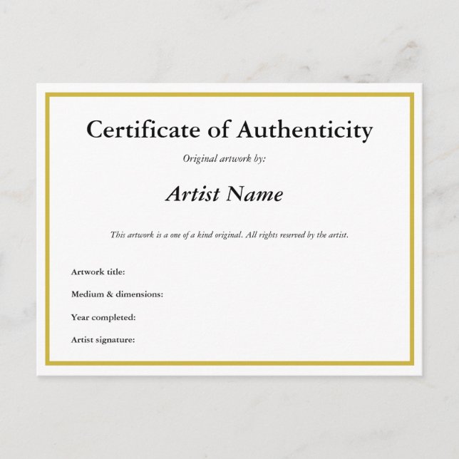 Customizable Certificate of Authenticity for Art Postcard (Front)