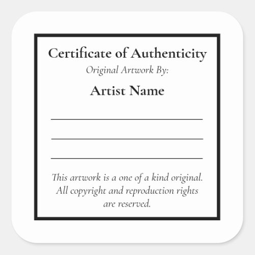 Customizable Certificate of Authenticity Square Sticker