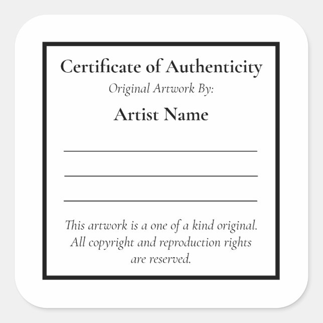Customizable Certificate of Authenticity Square Sticker (Front)