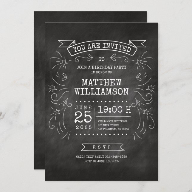 Customizable Chalkboard Birthday Invitation (Front/Back)