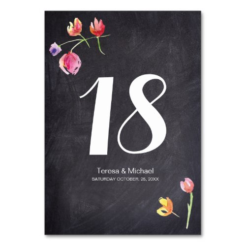 Customizable Chalkboard Watercolour Flower Wedding Table Number