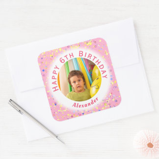 Customizable Child's Birthday Party Photo Painted Square Sticker