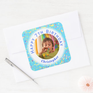 Customizable Child's Birthday Photo Watercolor Square Sticker