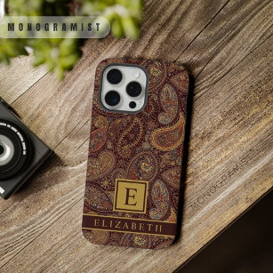 Customizable Chocolate Brown Gold Paisley Pattern iPhone 15 Pro Max Case