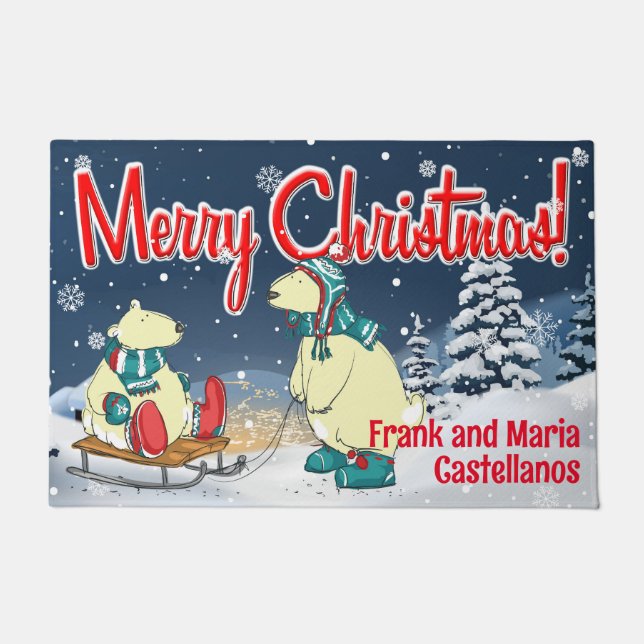 Customizable Christmas Bears Winter Holiday Scene Doormat (Front)