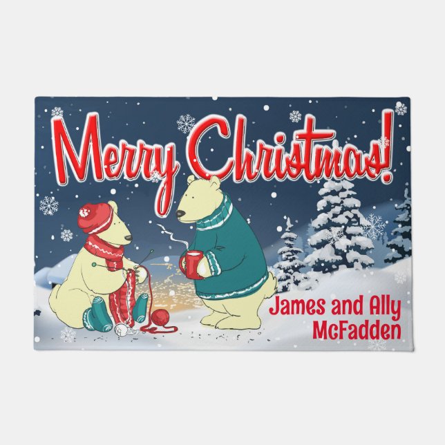 Customizable Christmas Bears Winter Holiday Scene Doormat (Front)