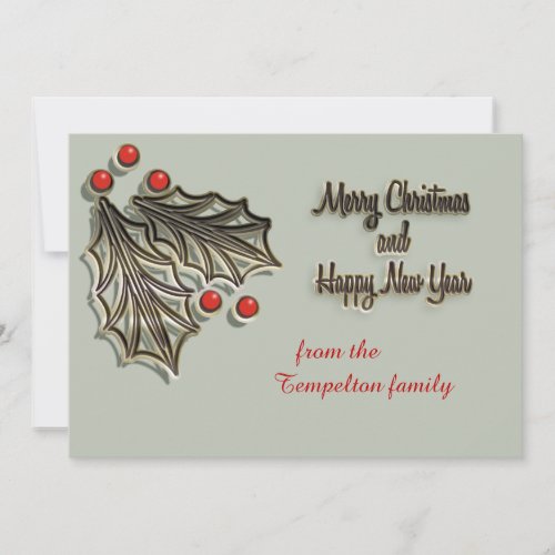 Customizable Christmas card red holly berries