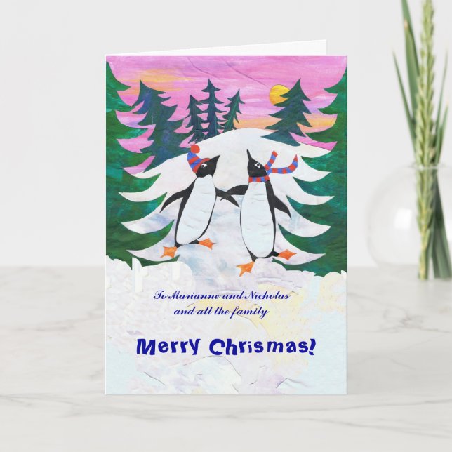 Customizable Christmas Card - Skating Penguins (Front)