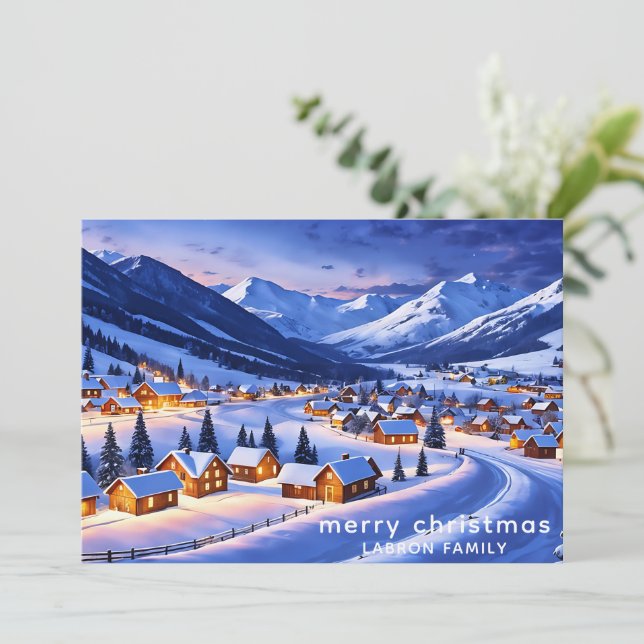 Customizable Christmas Card, Snowy Nordic Village  Holiday Card (Standing Front)