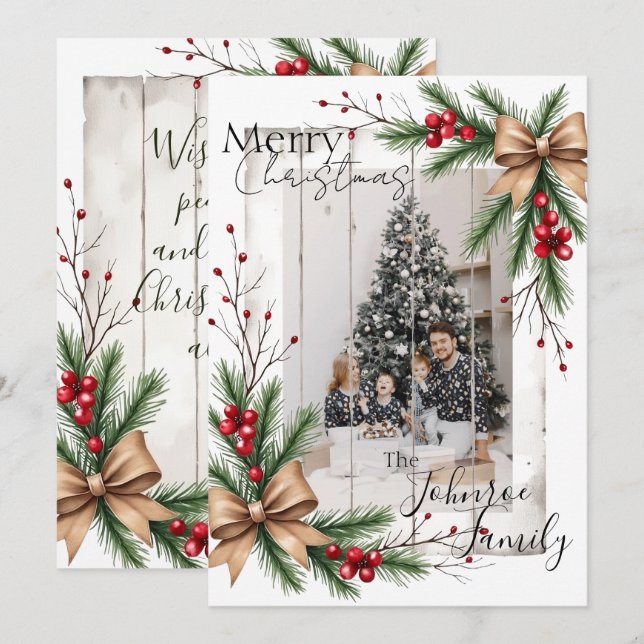 Customizable Christmas Card with Pine Accents  (Front/Back)