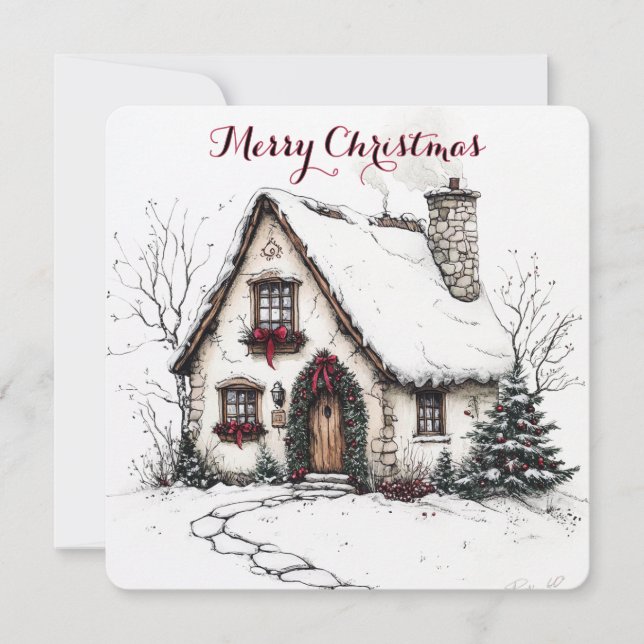 Customizable Christmas Card With Watercolor House (Front)