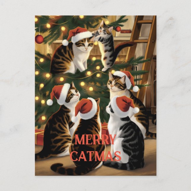 Customizable Christmas Cute Vintage Cats Postcard (Front)