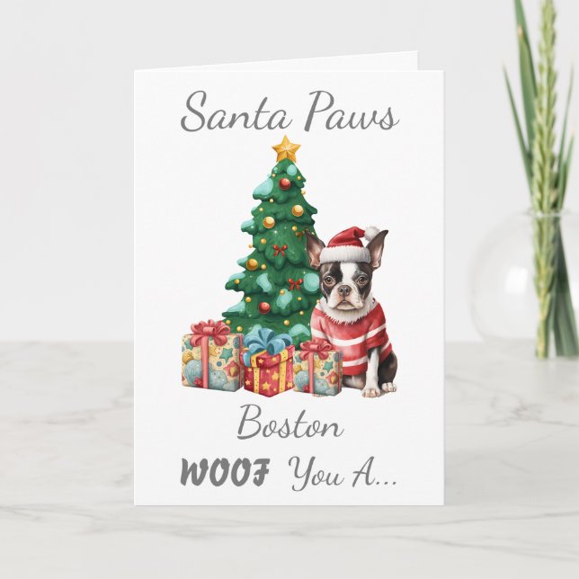Customizable Christmas Dog Boston Terrier Holiday Card (Front)
