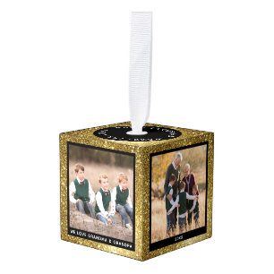 Customizable Christmas Gold Glitter Holiday Photo Cube Ornament