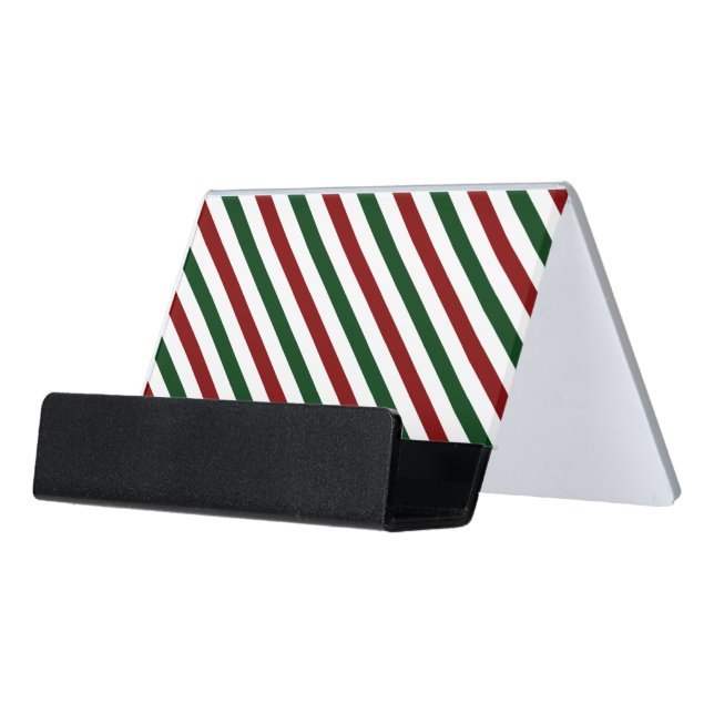 Customizable Christmas Stripes Desk Business Card Holder (Angled Front)