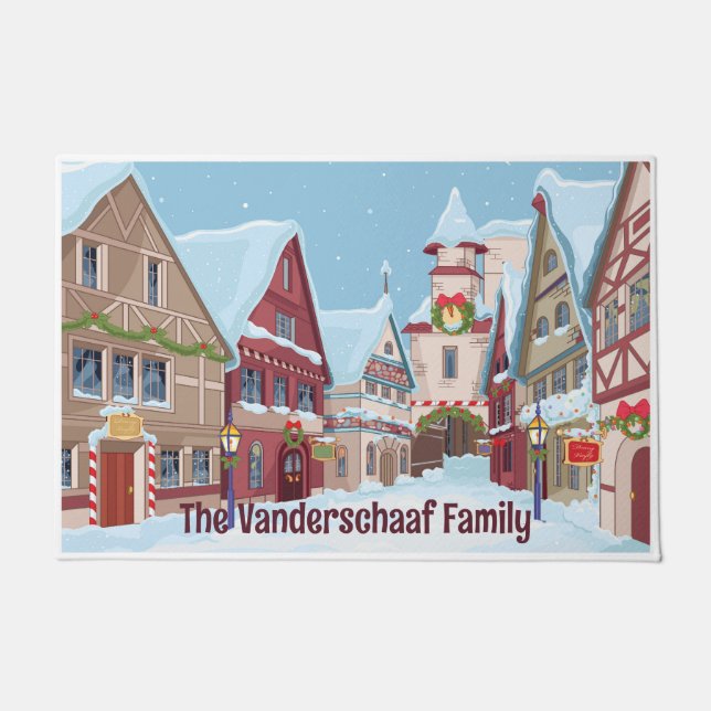 Customizable Christmas Town Winter Holiday Scene Doormat (Front)