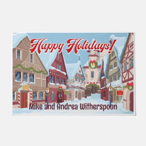 Customizable Christmas Town Winter Holiday Scene Doormat