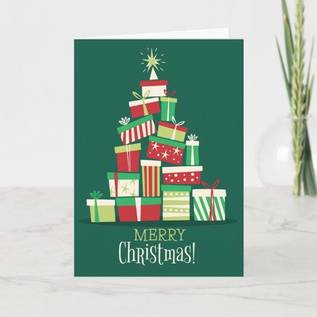 Customizable Christmas Tree Made Out of Presents Holiday Card (Front)