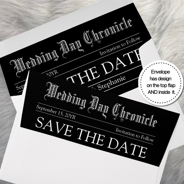 Customizable Classic Newspaper Elegant Typography Envelope (Custom Elegant White Script Newspaper Save the Wedding Date Black Envelope)