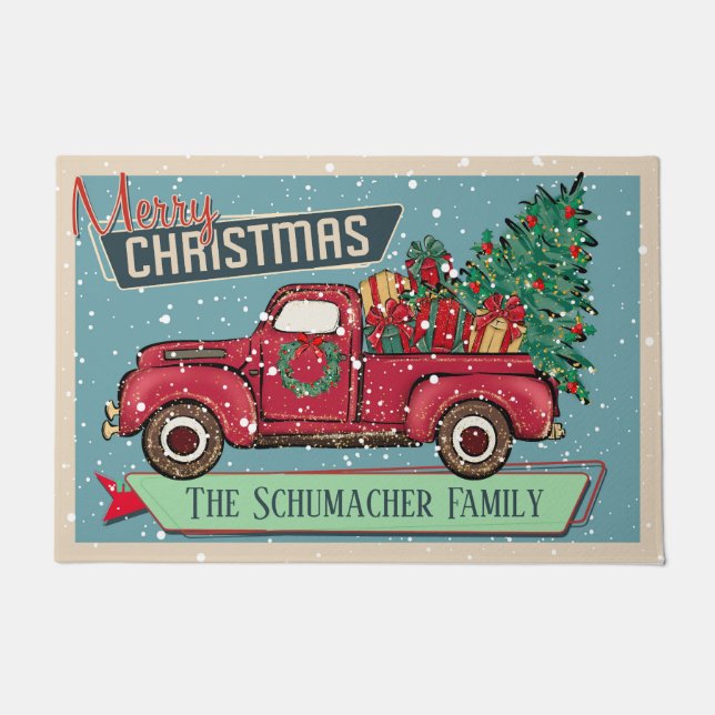 Customizable Classic Vintage Truck Merry Christmas Doormat (Front)