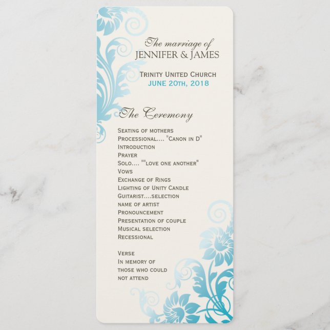 Customizable Classy Ombre Teal Wedding Program (Front)