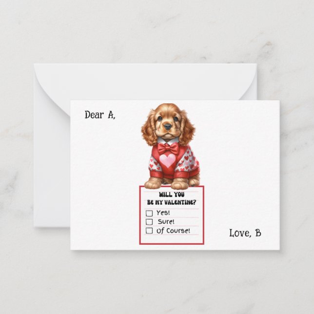 Customizable Cocker Spaniel Puppy Valentine Note Card (Front)