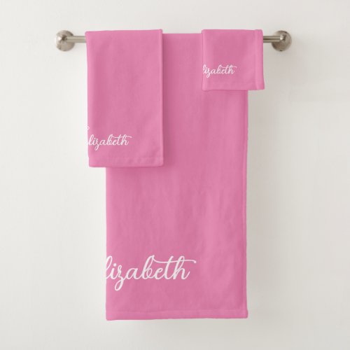 Customizable Color And Text Script Name Pink White Bath Towel Set