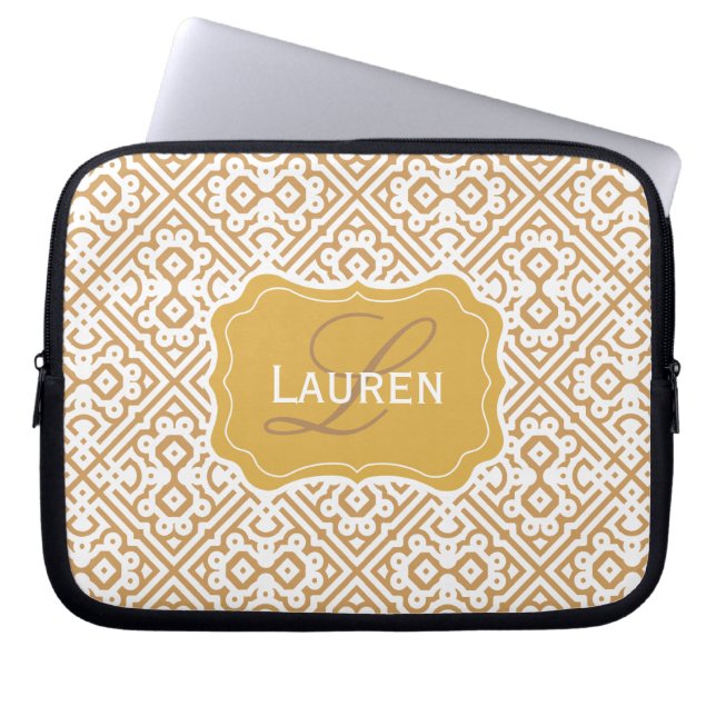 Customizable Color Monogram Moroccan, Tan Gold Laptop Sleeve (Front)