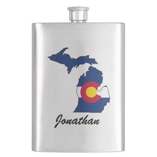 Customizable Colorado flag Michigan outline flask