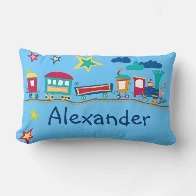 Customizable colorful train boys room pillow (Front)