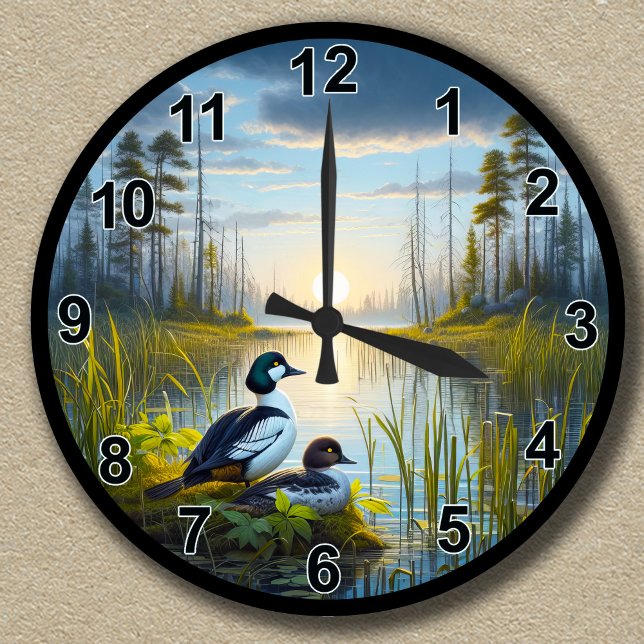 Customizable Common Goldeneye Ducks at Sunset Roun Round Clock (Creator Uploaded)