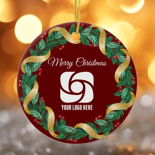 Customizable Company Logo Christmas Wreath Red Ceramic Ornament