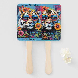 Customizable Cool Tiger In Sunglasses With Flowers Hand Fan