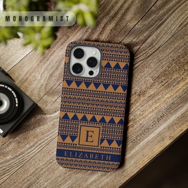 Customizable Copper Brown Dark Navy Blue Aztec  iPhone Case (Customizable Copper Brown Dark Navy Blue Aztec iPhone Case)