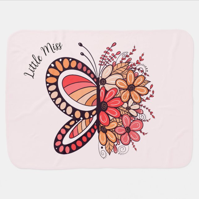 Customizable Coral Butterfly Flower Baby Blanket (Horizontal)