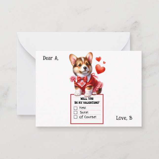 Customizable Corgi Puppy Valentine Note Card (Front)