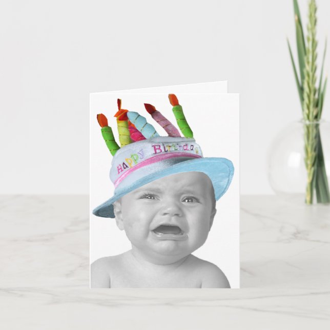 Customizable Crying Baby In A Birthday Hat Card (Front)